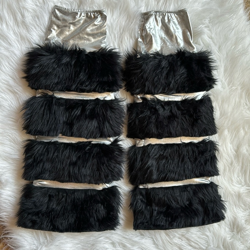 NWOT Furry Black & Metallic Silver Leg Warmers (One Size)